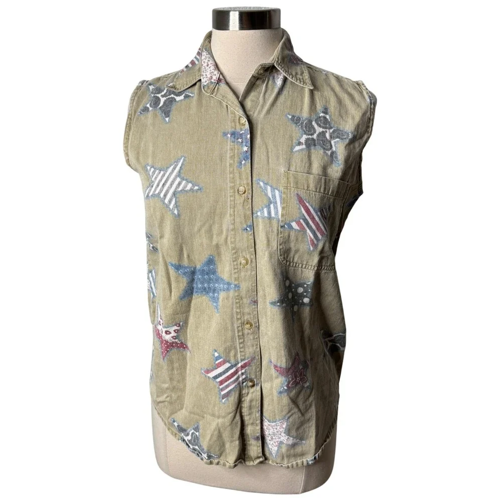 Vintage Quizz New York Americana Star Print Sleeveless Button Up Top Size Small